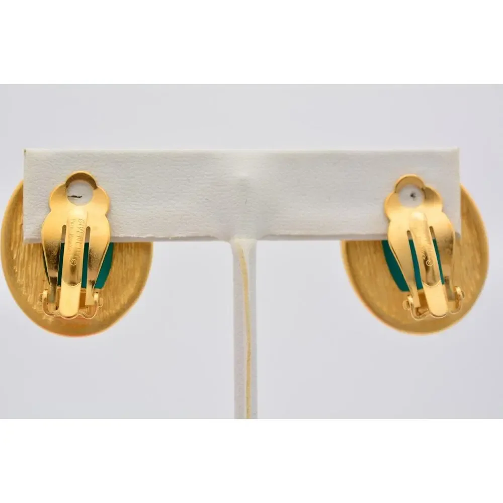 Givenchy Vintage Cabochon Clip On Earrings Teal Brushed Gold Chunky Signed BinAY - Picture 10 of 12